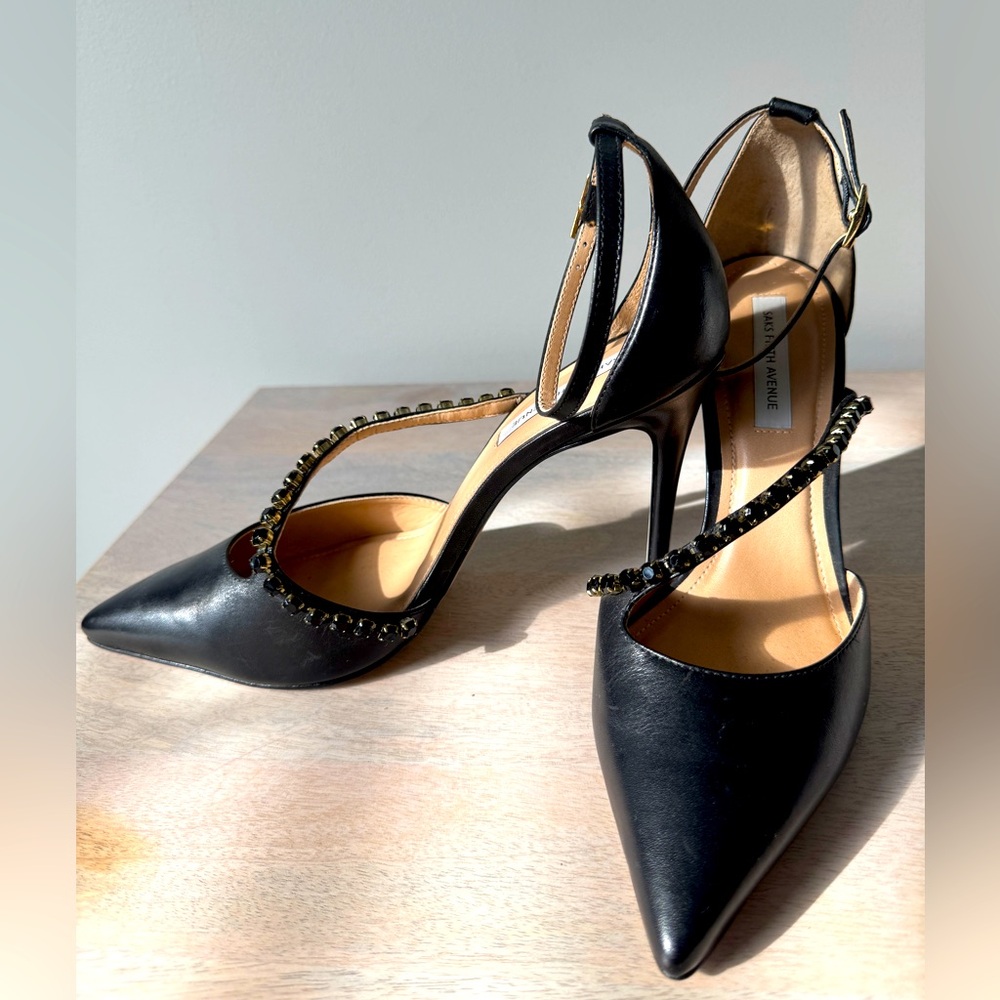 Said Fifth Avenue Elegant Leather Black Heels with Embellished Straps size 9